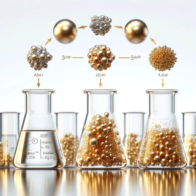 Image illustrating the Turkevich Method for synthesizing gold nanoparticles, showing the reduction process where gold ions are converted into spherical nanoparticles within a solution stabilized by sodium citrate.